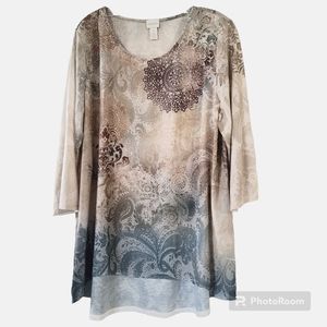 Chico's Woman's Top 3/4 Sleeve Boho Hi Low Tunic Top Size 3 Lace Shoulder Accent